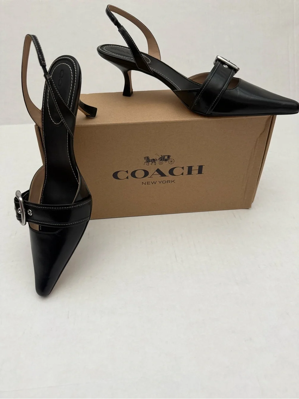 Coach Margot Black Leather Slingback Pump with Silver Buckle Size 10